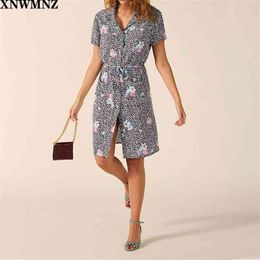 France Floral Print Chiffon Dress Elegant shirt dress Women Sashes Party Dresses Vintage Vestidos Knee robe 210520