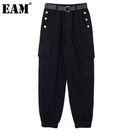 [EAM] High Elastic Waist Apricot Waistband Rivet Trousers Loose Fit Pants Women Fashion Spring Autumn 1DD6633 210512
