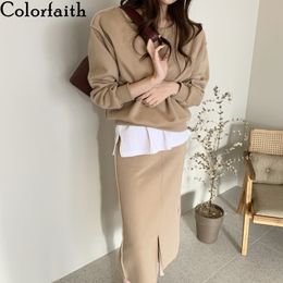 Colorfaith New Autumn Winter Women Sets Two Pieces Pullovers And Skirts Split Pockets Minimalist Style Ladies Sets WS9807 210413