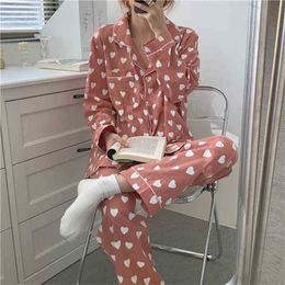 Sweet Soft Chic Loose Cardigans Printed Hearts All Match Homewear Fashion Nightwear Two Piece Suit Pyjamas Sets 210525