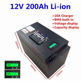 Steel case 12V 200Ah Lithium ion battey pack 12V with BMS for solar panel energy storage camper caravan motorhome RV+10A charger