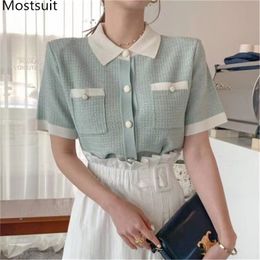 Summer Korean Vintage Knitted Tops T-shirts Women Short Sleeve Turn-down Collar Single-breasted Fashion Tees Tshirt 210513
