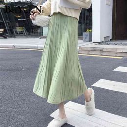 A Line Knit Midi Skirts Womens Autumn Winter Streetwear Slim Big Hem Casual Korean Style Skirt Ladies Black Pink 210506