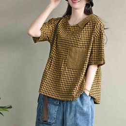 Plus Size Women Shirt New Korean Style Vintage Plaid V-neck Short Sleeve Loose Casual Cotton Tops Woman Blouses Shirts P780 210412