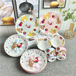 Ceramic Tableware Suit Cartoon Animals Style Plate Cups and Saucers Rice Bowl For Children Use Dining Sets Circus tableware