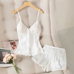 Sexy Lace Homewear Sleep Set Satin White Women 2PCS Pyjamas Suit Summer Novelty Nightwear Intimate Lingerie Pyjamas Q0706