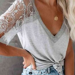 inspired Lace Deep V-neck Top T-shirt women sheer lace sleeve cotton sexy women tee tops short sleve summer tops plus size 210412