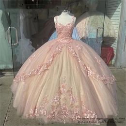 Quinceanera Dresses 2021 Pink Princess Party Prom Formal Spaghetti Strap Sweetheart Appliques Tulle Ball Gown Lace Up Vestidos De 15 Anos Q03