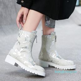 Boots Fashion High Quality Cowhide European And American Style Lace Up Retro Doodle Simple Versatile Ankle Black