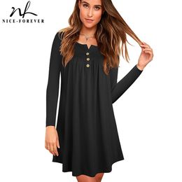 Nice-forever Winter Women Pure Color with Button Casual Dresses Loose Shift Female Dress btyA172 210419