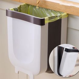 9L Trash Can For Kitchen Wall Mounted Folding Waste Bin Cabinet Door Hanging Khaki White Portable Ashbin 210827