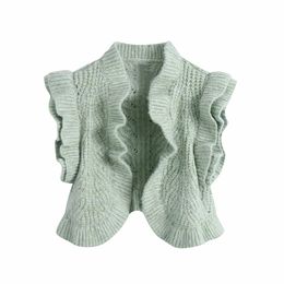 Women Mint Green Ruffles Lamination Decorate Sweater Female Short Sleeve No Duttons Cardigan Chic Top 210520