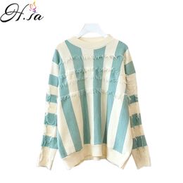 H.SA Ladies Pullover and Tassel Knit Jumpers Colorful Wide Striped Pull Oneck robe femme Korean Sweaters 210417