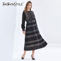 Vintage Dress For Women O Neck Long Sleeve High Waist Embroidery Hit Color Mid Dresses Female Autumn Clothing 210520