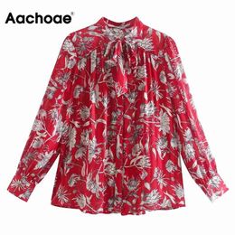 Aachoae Floral Print Boho Chiffon Blouse Women Elegant Bow Tie Collar Pleated Shirt Female Long Sleeve Casual Blouses Tops 210413