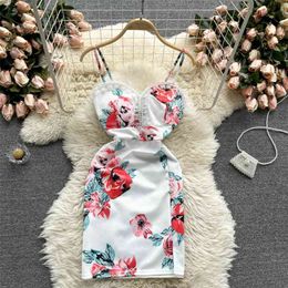 Women Fashion Sexy Spring and Summer Clothing Bead Fungus Sleeveless Print Package Hip Vestidos S230 210527