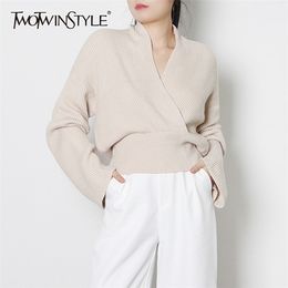 Tunic Solid Knitted Pullovers For Women V Neck Long Sleeve Casual Elegant Sweater Female Fashion Clothing 210524