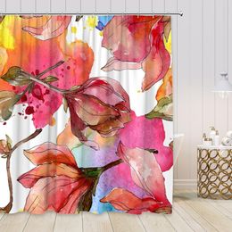 Shower Curtains Spring Watercolour Floral Set Red Flowers Green Leaves Modern Bathroom Decor Polyester Fabric Curtain With Hooks