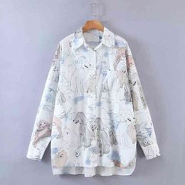 Women Dog Print Single Pocket Loose Shirts Female Long Sleeve Blouses Casual Lady Turndown Collar Tops Blusas S8275 210430