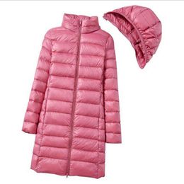 Fitaylor Winter Ultra Light Thin Midi Long Down Jacket Women Plus Size 5XL Casual Hooded Coat Slim Puffer Outwear Detachable Hat 211130