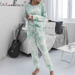 Tie Dyed Warm Cotton Long Sleeve Sleepwear Women 2 Pcs Set Pyjama Autumn Winter Simply Casual Homewear Female Pyjama P05904B 210421