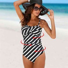Striped Swimsuit Plus Size Swimwear Women Solid Vintage Retro Beachwear Bathing Suits Monokini Bodysuit 4XL 210625
