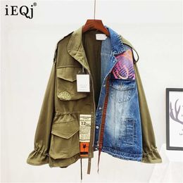 [IEQJ] Spring Autumn High Quality Lapel Long Sleeve Fake Two Piece Denim Patchwork Vintage Coat Women Jacket AH65009L 211014