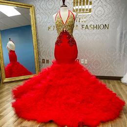 Fabulous Red Mermaid Backless Prom Dresses V Neck Beaded Evening Gowns Sweep Train Tulle Ruffled Formal Dress