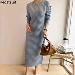 Korean Knitted Women Long Sweater Dress Autumn Full Sleeve O-neck Solid Fashion Straight Dresses Casual Ladies Vestidos 210513