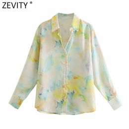 Women Vintage Tie Dyed Printing Casual Smock Blouse Office Ladies Long Sleeve Breasted Shirt Chic Blusas Tops LS9007 210416