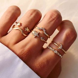 Top selling Jewellery set with diamond five pointed star moon wave ring 6 pieces