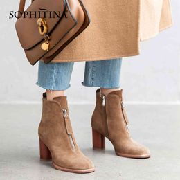 SOPHITINA Winter Warm Ankle Boots Woman Cow Suede V -shape Zipper Round Toe High Square Wooden Short Boots Shoe PO937 210513