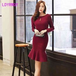 Long sleeve dress women's autumn style celebrity temperament slim bag hip Ruffle fishtail 210416