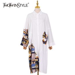 Elegant Print Dress For Women Lapel Long Sleeve A Line Straight Loose Midi Dresses Female Summer Fashion 210520