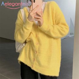 Aelegantmis Korean Warm Cosy V Neck Cardigan Women Fluffy Soft Yellow Sweater Woman Spring Vintage Button Up Outwear 210607