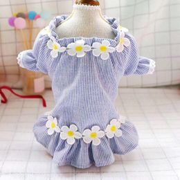 Dog Apparel 2021 Cat Spring And Summer Est Small Flower Decoration Striped Pink Blue Colours Casual Clothes Princess Dress