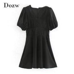 Women Chic Lace Patchwork Black Mini Dresses Summer Short Sleeve Solid Casual Dress Female Sexy V Neck A Line Party Dress 210414