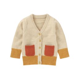 Infant Baby Girl Boy Colour Contrast V-neck Knit Cardigan Coats Autumn Spring Single-breasted Sweater Outerwear G1026