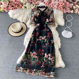 High-quality Summer Women Embroidery Printing Long Dress Elegant Single Breasted Neckline Bow A-line Fashion Dresses 210430