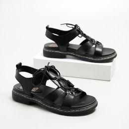 Women's black lace-up sandals summer leather student flat-soled girl sandals casual style platform shoes