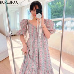 Korejpaa Women Dress Summer Korea Fashion Elegant Print Casual V Neck Floral Ruffled Bubble Sleeves Ruffled Long Dresses 210526