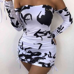 Women Club Streetwear Strapless Tube Top Printing Mini Dress Long Sleeve Drawstring Lace Up Bandage Sexy Slim Pleated Vestidos X0521