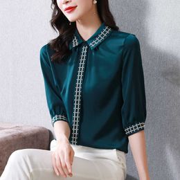 Korean Women's Shirt Silk Blouses for Women Half Sleeve Embroidery Female Top Polo Neck Satin Woman s 210604