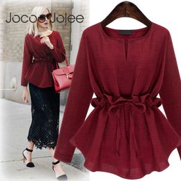 Women Ruffle Tunic High Waist Solid Blouse Cotton Linen Peplum Sashes Shirts Long Sleeves Drawstring Lace up Tops Plus Size 5XL 210619