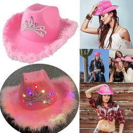 Wide Brim Hats Western Style Women Girl Light-Up Blinking Crown Pink Tiara Cowgirl Hat Cowboy Cap Costume Party With Neck Drawstring Felt %