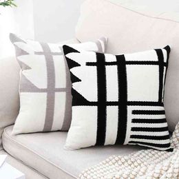 Home Decorative Black White Gray Cushion Cover Embroidered Burlap Square Embroidery Pillow Case Cover 45x45cm Zip Open 210401