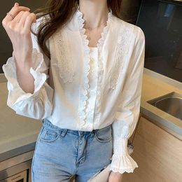 Korean Vintage Women Tops Blusas Lace Spring V-neck Splicing Long Sleeve Ruffle White Shirt Blouse 523i 210420