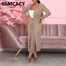 Women Two Piece Fall Winter Suits Long Sleeve Cardigans and Skinny Pants Set 210930