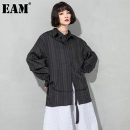[EAM] Women Black Striped Irregular Big Size Blouse Lapel Long Sleeve Loose Fit Shirt Fashion Spring Autumn 1DD6958 21512