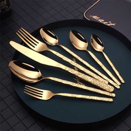 42pcs Cutlery knife and fork European Embossed Western Tableware Retro Stainless Steel Dinnerware Sets Spoon 211112